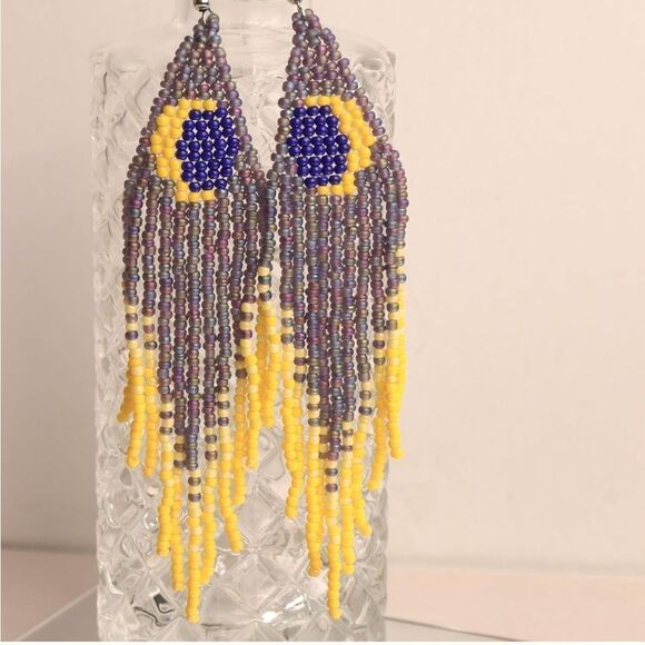 Moon Boho Seed Bead Tassel Dangling Statement French Wire Hook Earrings - Picture 3 of 9